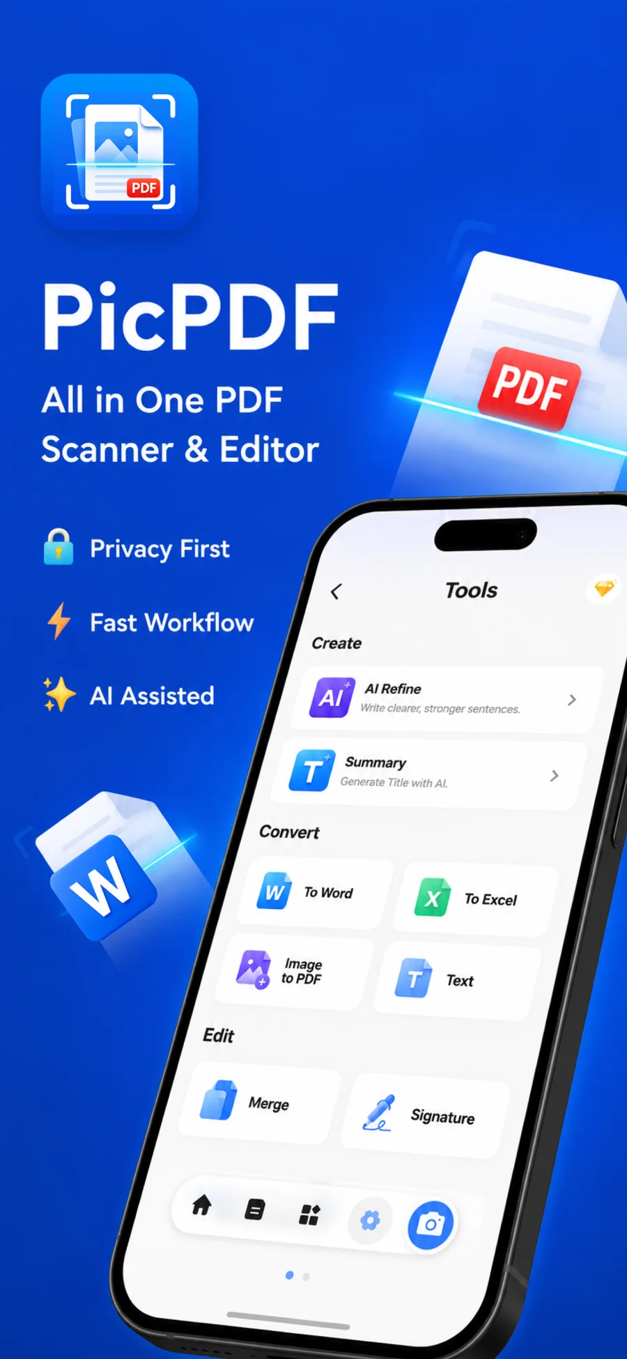 PicPDF app overview with scanner, editor, conversion, privacy, fast workflow and AI assisted tools