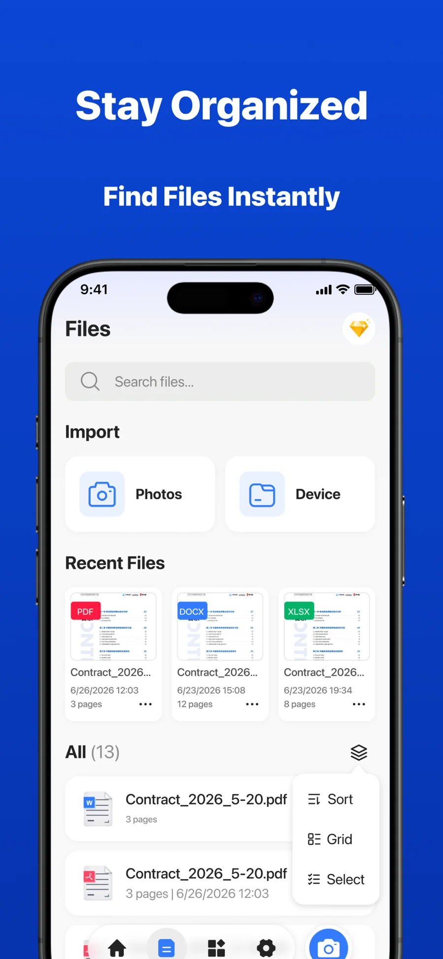 PicPDF file manager showing organized files and search